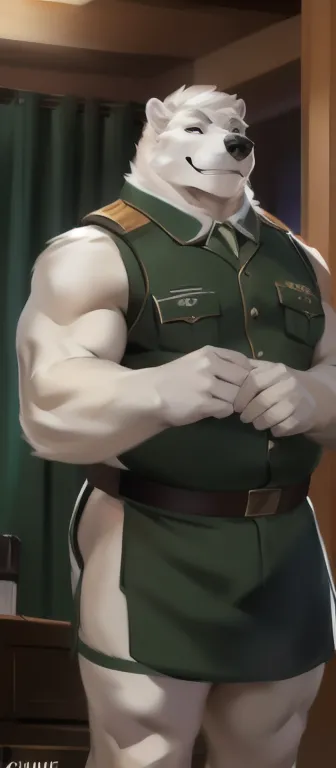 Solo, man big Tall,model tall, huge​ body,​standing, den,Polar bear mammoth​, black green Army uniform, overweight, muscular, smirking, by chunie​