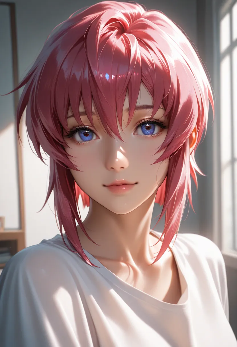 masterpiece, best quality, vibrant, very aesthetic, high contrast, photorealistic portrait,beautiful detailed face,detailed texture,detailed skin, newest, 1girl,gundam seed,source_gundam seed,lunamaria hawk,shirt,room,realistic lighting
