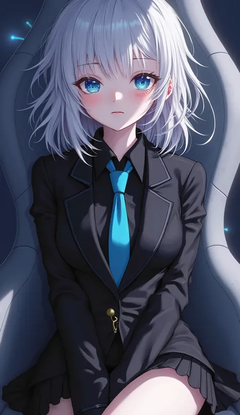 girl white messy medium hair , sparkly crystal blue eyes , high technology , Wear a black tent suit , cyan necktie , black shirt in suit , black short skirt , high resolution , sleepy face , Feeling flustered , Tied up arms , Read documents on your desk , ...
