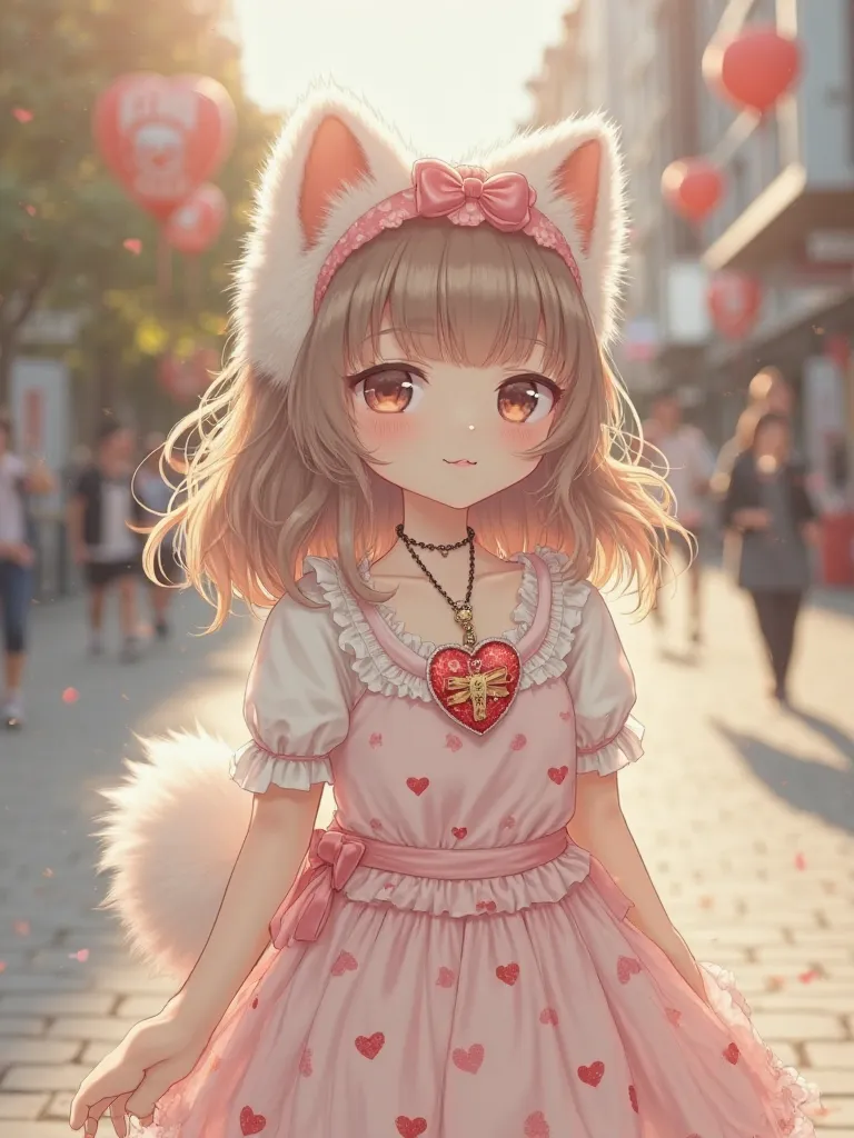 A white Samoyed dog is taking a walk with a heart-shaped headband on its head　A Japanese woman with a pretty face has semi-long brown hair, wears a heart-patterned dress, and has heart-shaped cat ears on a heart pendant