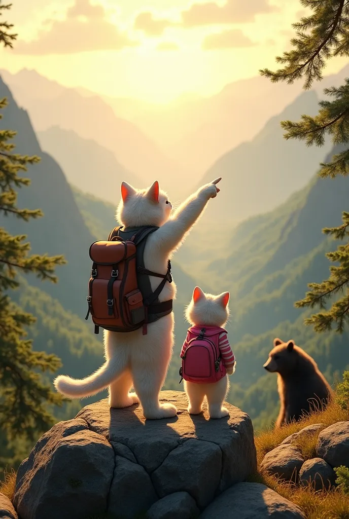 "Atop a scenic mountain viewpoint, a vast valley stretches endlessly below, bathed in golden morning light. The muscular white-furred father cat, wearing a rugged hiking vest, stands tall, pointing toward the horizon. Beside him, his small fluffy daughter ...