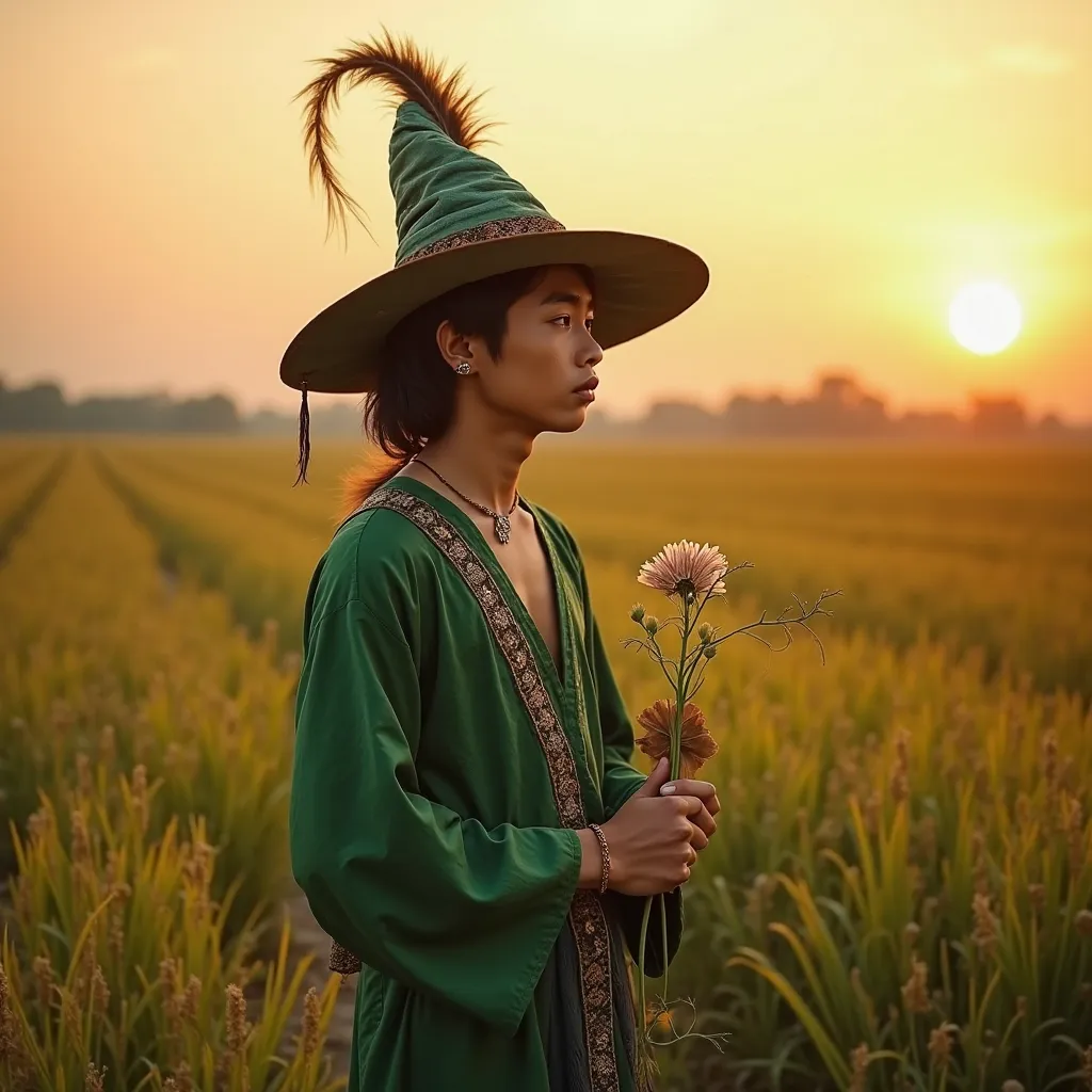 "A young Thai Isan man​ อายุประมาณ 25-30 ปี dressed in a green fantasy-style tunic and hat with a feather, resembling a wandering musician. He holds a delicate flower instead of a musical instrument, with a sorrowful expression. He stands beside a vast ric...