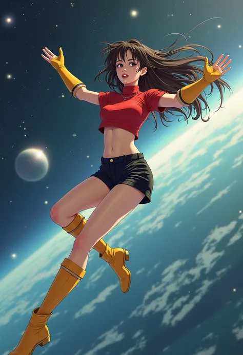 ( Anime style photo ) A woman flying in space wearing a short tight red blouse, a short red skirt ,  in black shorts , yellow wristbands and yellow boots.