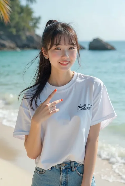 A beautiful Korean girl with white face Red blush natural pink lips with sweet laughing face facing the camera with long straight hair shiny black hair wearing T-shirt color plain brown hair tied back black color image Upin Ipin in dress left hand position...