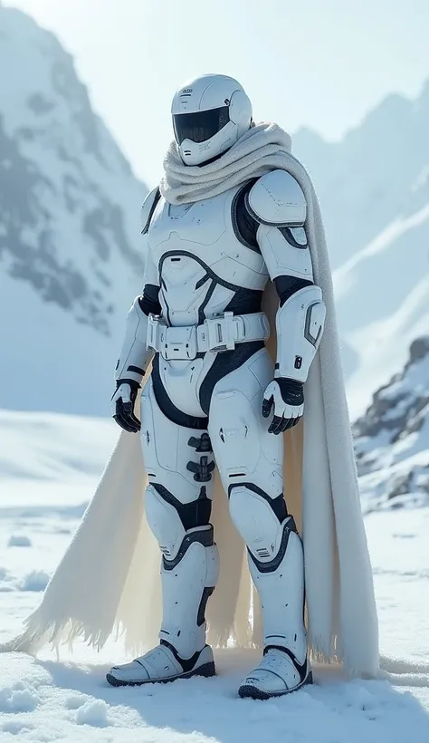 Warrior man wearing a white balaclava with a white visor, wearing sturdy and advanced white combat armor with a long, white cape camouflaged in an icy environment 