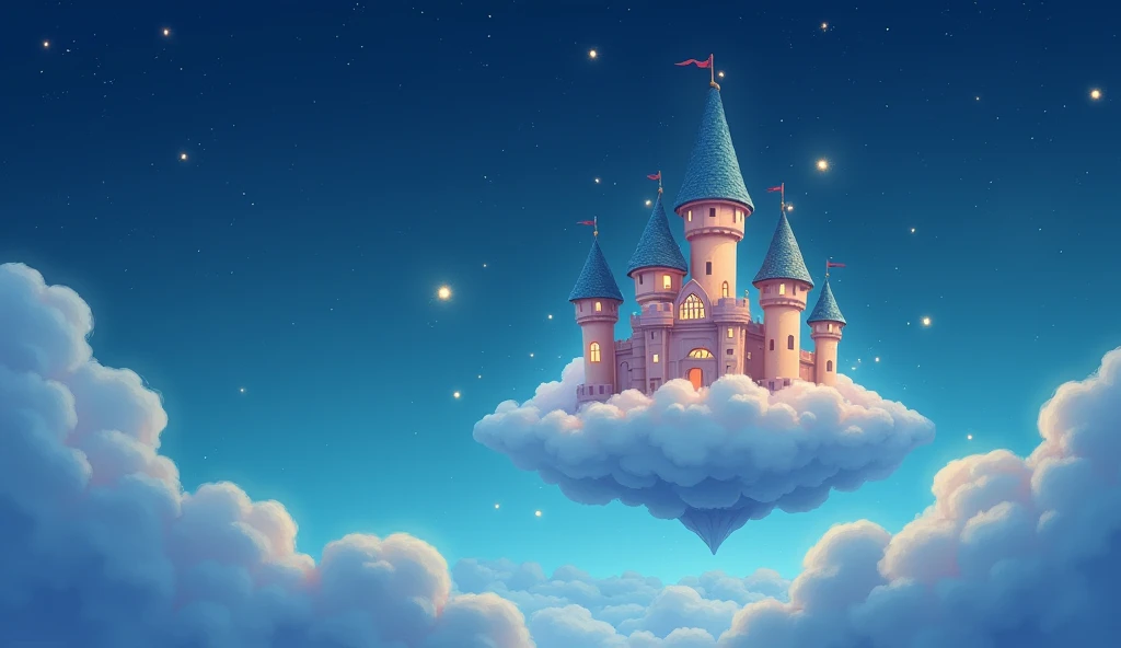 A floating castle in the night sky made entirely of clouds, with rounded towers and small windows shining like stars. Small lights float around them like sleepy fireflies. The cartoon style stands out in the softness of the contours and the use of delicate...