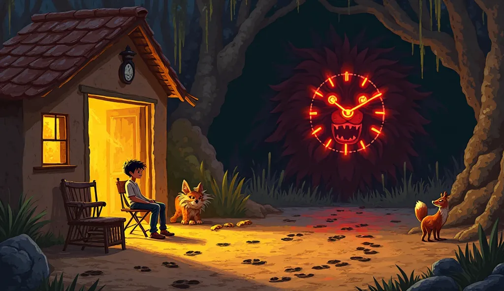 A young boy, Arjun, sits lazily on a small chair outside his house, saying, 'I'll do it tomorrow,' while a clock spins rapidly, symbolizing time slipping away. In the background, a dark cave with glowing red eyes of a hungry lion lurks, creating a sense of...