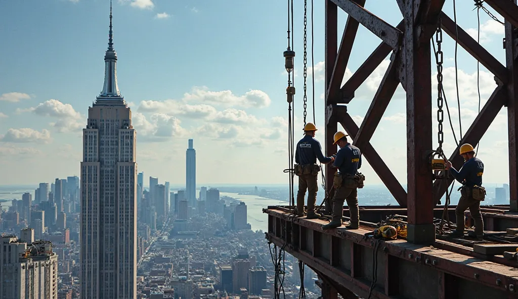 Workers on top of a steel beam in the Empire State Building under construction, with New York City in the background 