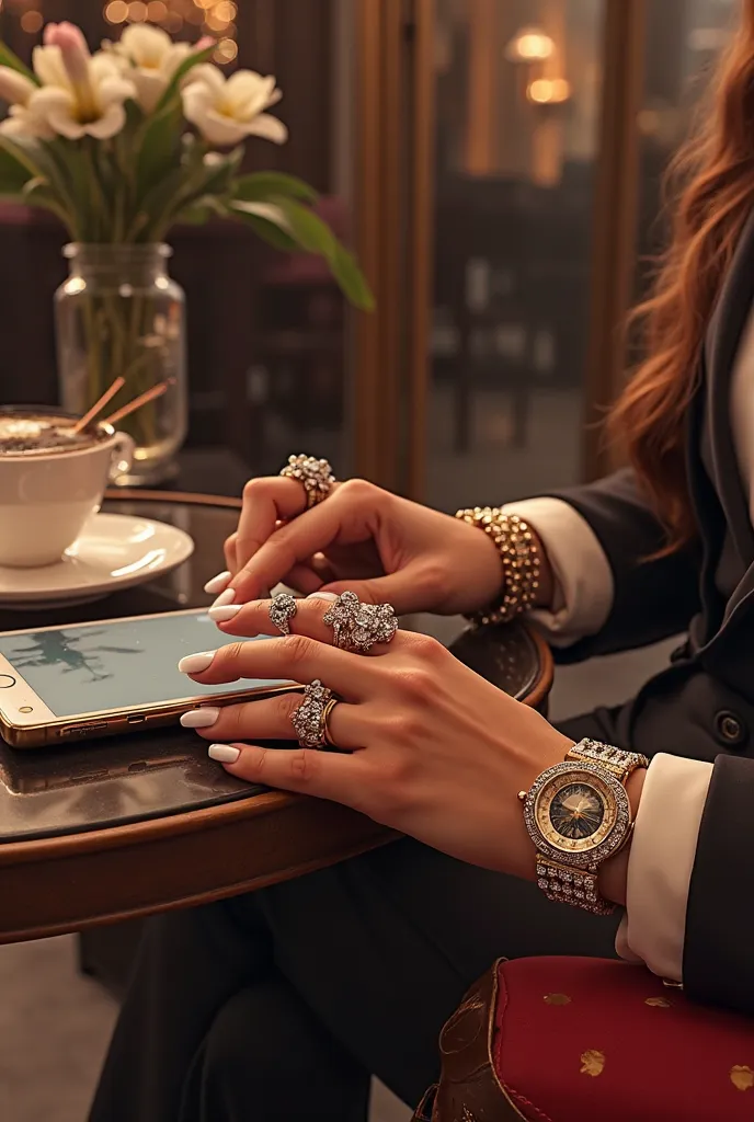 white hands with jewels, Do you see expensive heels, Over coffee and spending money, Can you see a cell phone with an open social network