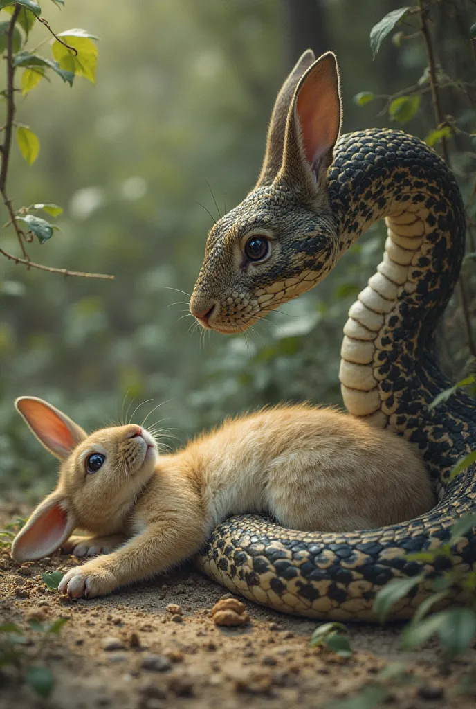 The rabbit lies on the ground, weak and struggling, looking up at the snake with sadness. It asks, 'I helped you, so why did you bite me?' The snake, with cold and emotionless eyes, replies, 'It is my nature.'