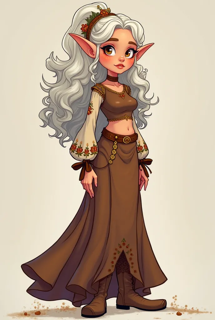 Create a 2d tall cartoon girl with brown top and flower sleeves and long brown mermaid dress with brown boots and brown earrings and curly white hair with brown detailed headpiece make her adult dont make her face cute make it bold don't make her fat make ...