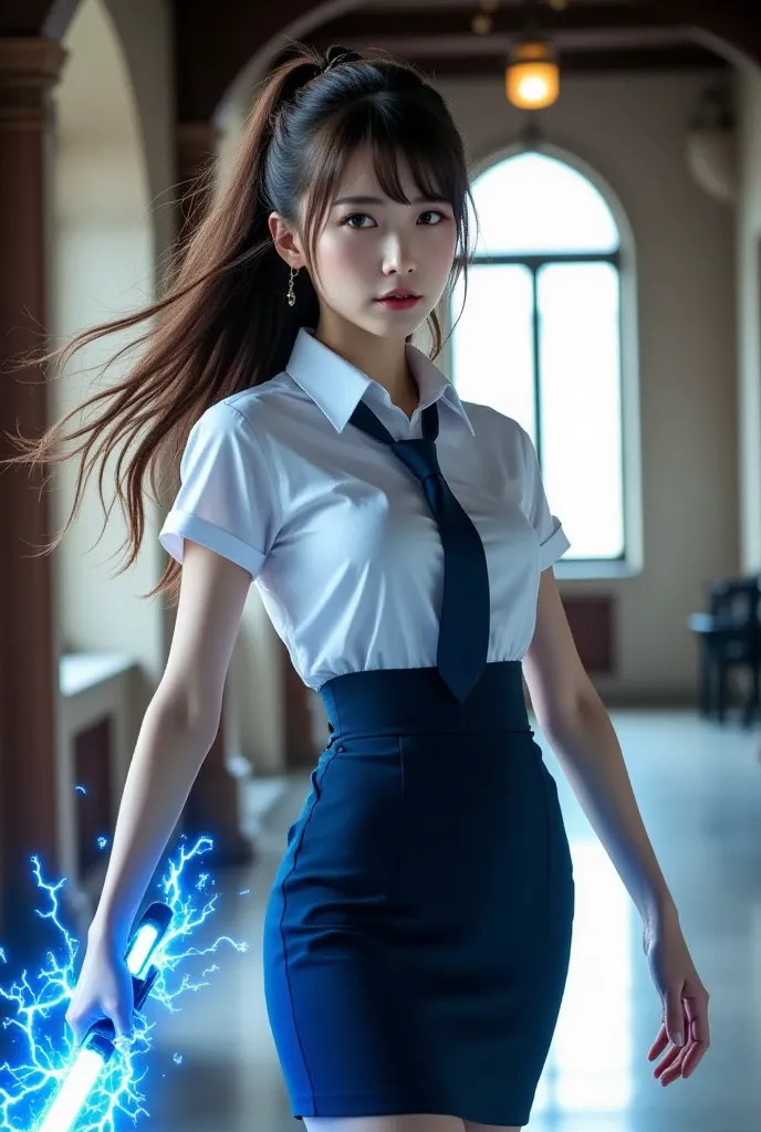 Sexy beautiful Japanese woman, a self defense officer uniform, wearing a white short-sleeved shirts, navy blue tie, navy blue pencil skirt, Black patent high heels, beautiful hip-line, Beautiful thighs, a woman in the castle, Fights, Laser blade glowing bl...