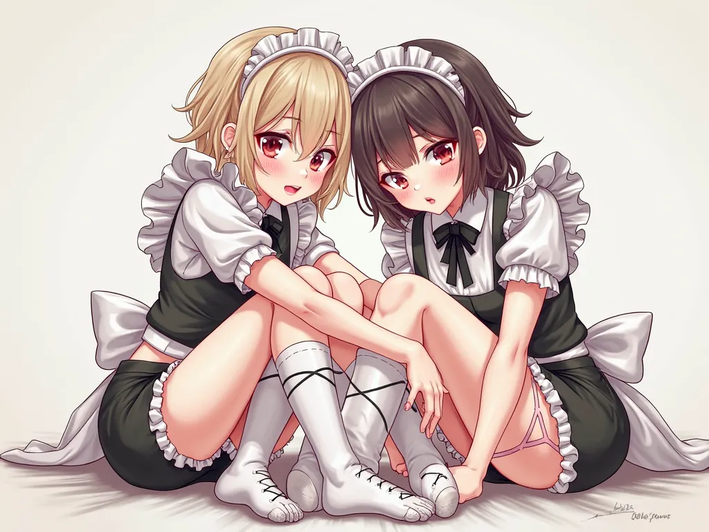 2  models girls, maid, sitting, frilled socks, from below, soles, embarrassed, bike shorts, pouty lips, toeless legwear, cross-laced legwear, masterpiece, best quality, uncensored, very bold