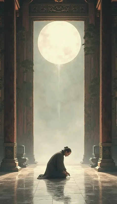 A vast high hall with a bright, round moon reflecting in a large, ancient bronze mirror. In the center, an elderly woman kneel deeply, upper body bowed forward until her foreheads touch the floor, hands resting flat in front of her in a gesture of reverenc...