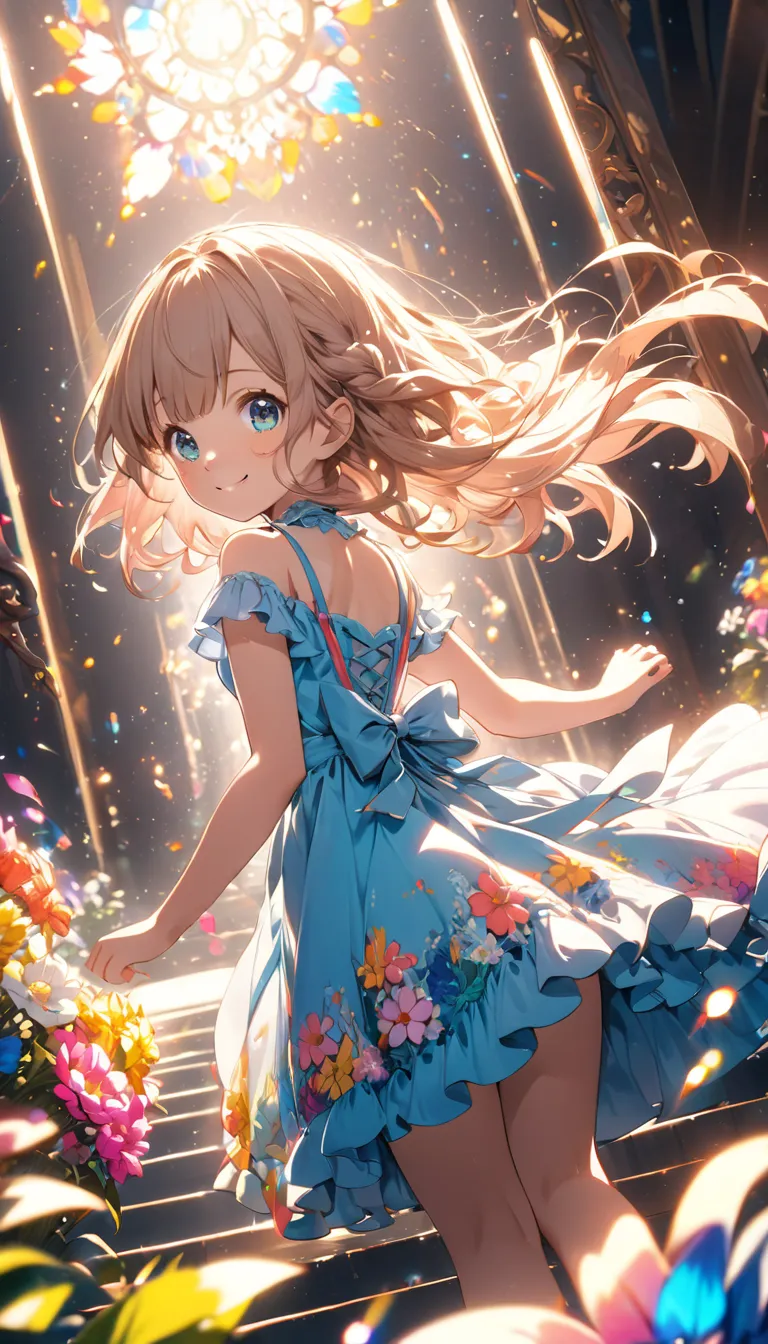  
1girl,loli,dress,flowers,smile,windy,glowing,from behind,look at viewer,glowing particles,reflected light,shine colorful, cinematic lighting , cinematic angle, brilliant light , color detail, backlighting, Depth of field, long exposure, light steps, intr...