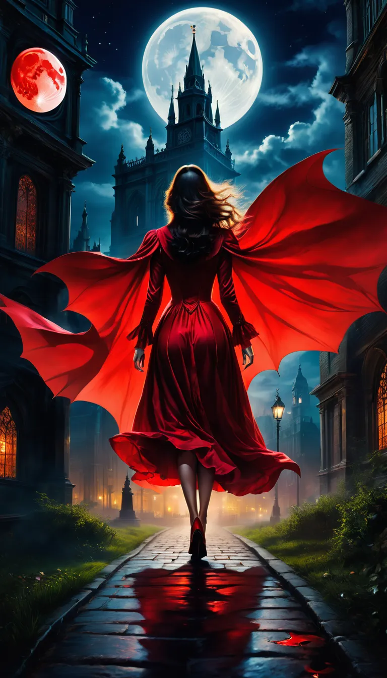 London:night:16th century,eerie atmosphere,The city with a view of the bell tower,月night,A woman in a dress running away:back view,Count Dracula chasing:back view,A scene from a movie,movie poster,she was attacked by a vampire,I was made to run away on pur...