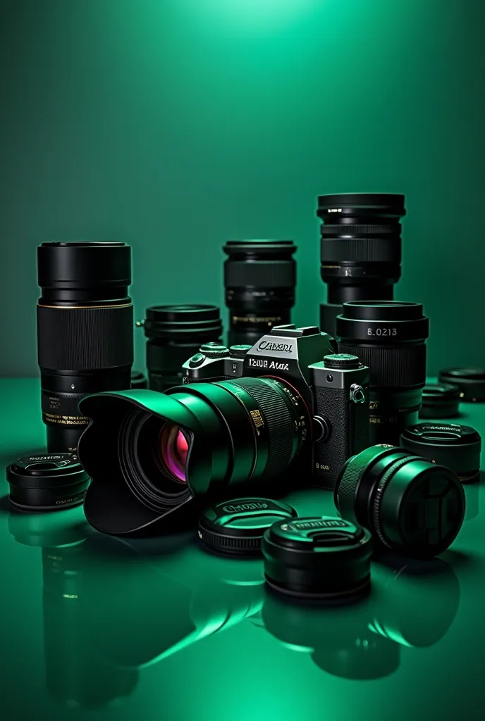 cameras and photos in emerald green colors, Blues greys and blacks