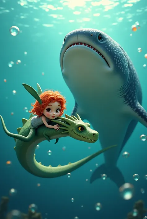 girl with curly red hair and brown eyes and Fang,His friend green dragon, With a whale shark