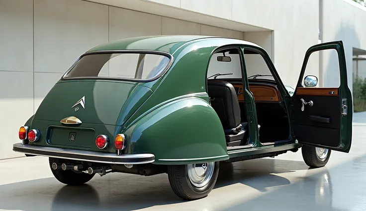 A sleek and modern car Classic 1974 Citroen 2CV Saloon parked on a smooth driveway with the doors open, showcasing the luxurious interior. The car features sharp, angular LED taillights with a futuristic design, a prominent Citroen logo in chrome on the re...