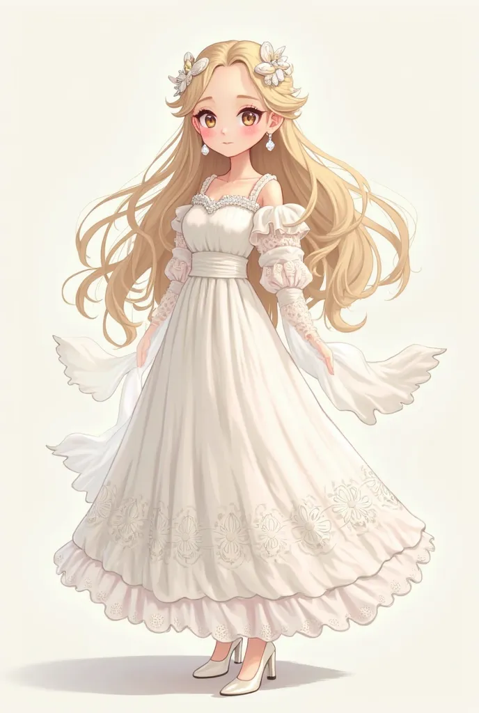 Create a 2d cartoon girl with white long detailed ress and white long sleeves and white heels and with ribbon all over her hair and blonde crimped hair and white earrings with korean eyes 