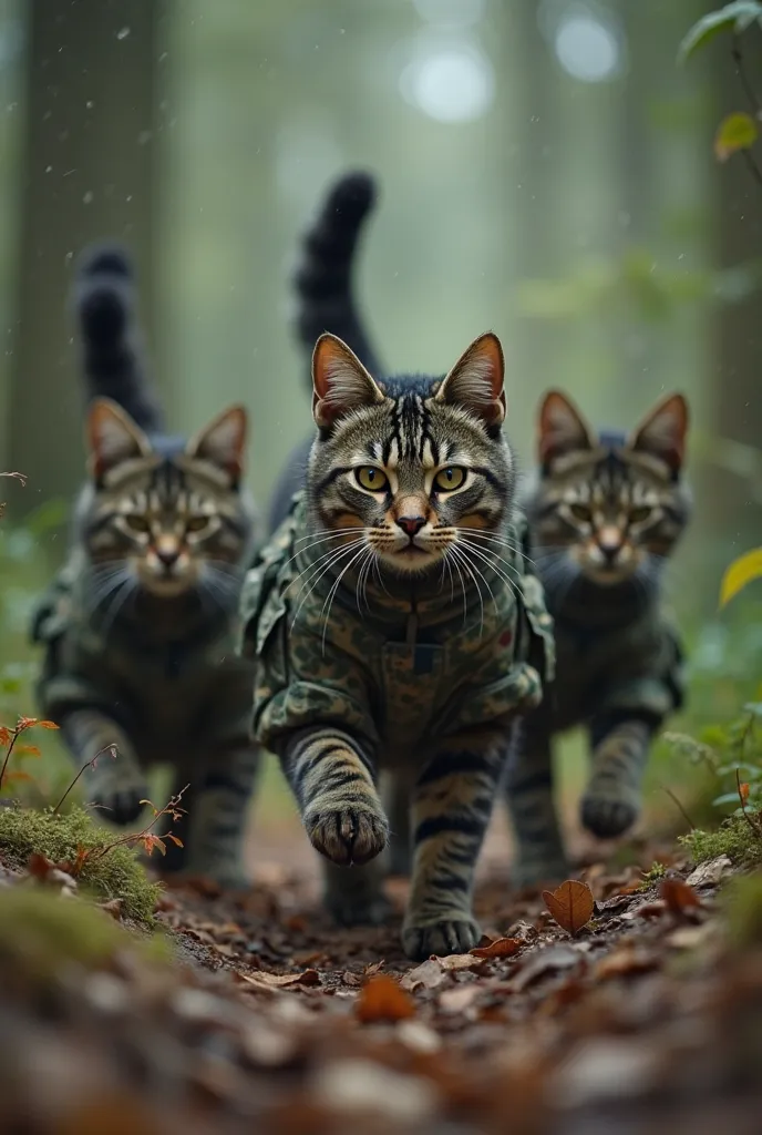 a team of elite cats wearing camouflage uniforms, moving in harmony through a dense forest.. Their ears tremble at every sound, and their tails move in wait for. The weather is tense, while the camera switches between their simultaneous movements and the d...