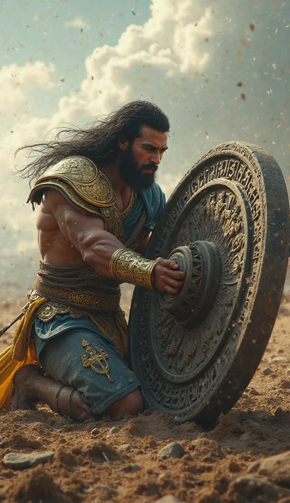 A muscular warrior with long black hair, wearing golden and silver armor with intricate detailing, is kneeling on a vast battlefield with a dramatic sky in the background. He is struggling to lift a massive, intricately designed chariot wheel that is parti...