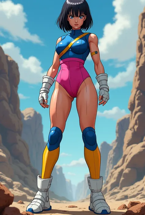 Fasha from Dragon Ball Z with short black hair, a blue armor on the torso with a single yellow strap, a pink leotard,  white gloves, a single long yellow sock on her right leg, two blue knee pads, two white ankle braces and white boots