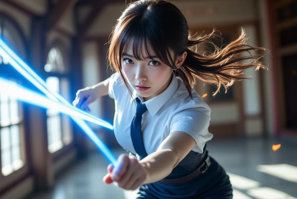 Sexy beautiful Japanese woman, a self defense officer uniform, wearing a white short-sleeved shirts, navy blue tie, navy blue pencil skirt, Black patent high heels, beautiful hip-line, Beautiful thighs, a woman in the castle, Fights, Laser blade glowing bl...