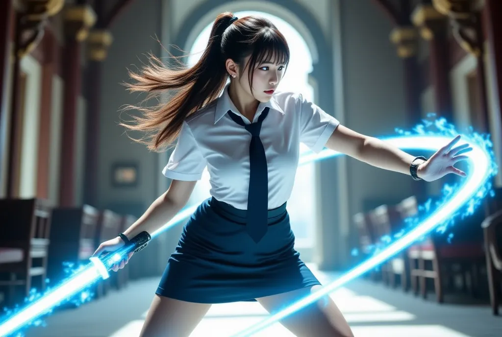 Sexy beautiful Japanese woman, a self defense officer uniform, wearing a white short-sleeved shirts, navy blue tie, navy blue pencil skirt, Black patent high heels, beautiful hip-line, Beautiful thighs, a woman in the castle, Fights, Laser blade glowing bl...