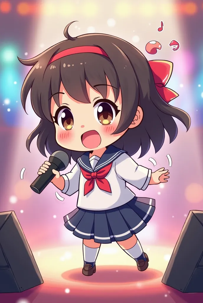 A CUTE CARTOON CHIBI GIRL STUDENT HOLDING A MICROPHONE WHILE SINGING


