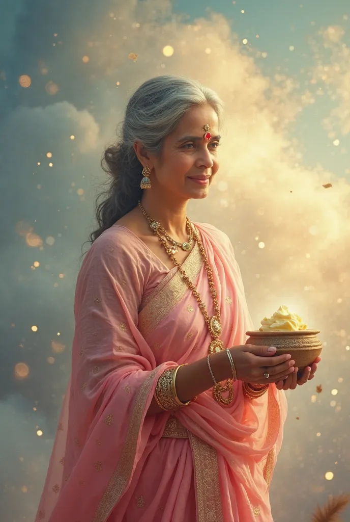 A serene and divine depiction of Maa Yashoda, around mid age indian village lady, standing gracefully in the background, holding a small earthen pot filled with fresh white butter in her hands, symbolizing her deep motherly affection. She wears a tradition...