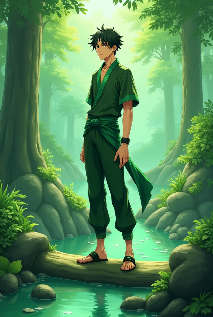 A male anime character stand and his background and outfit colour is green don't show his abs