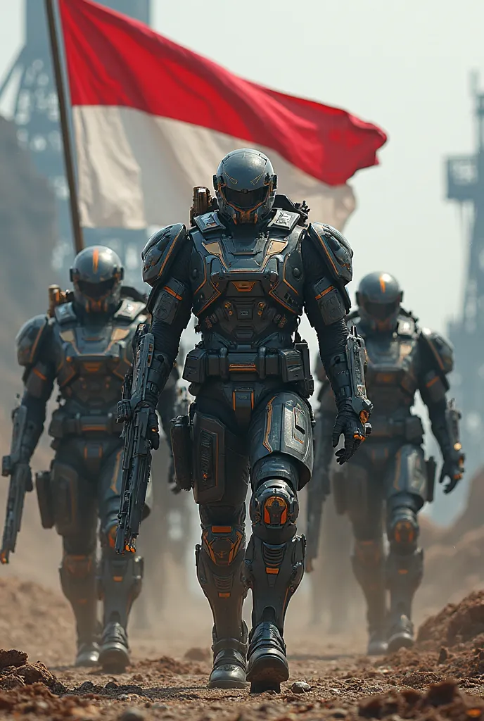 Modified military human armor suits and gear attributes and weapons and carry the Indonesian flag.