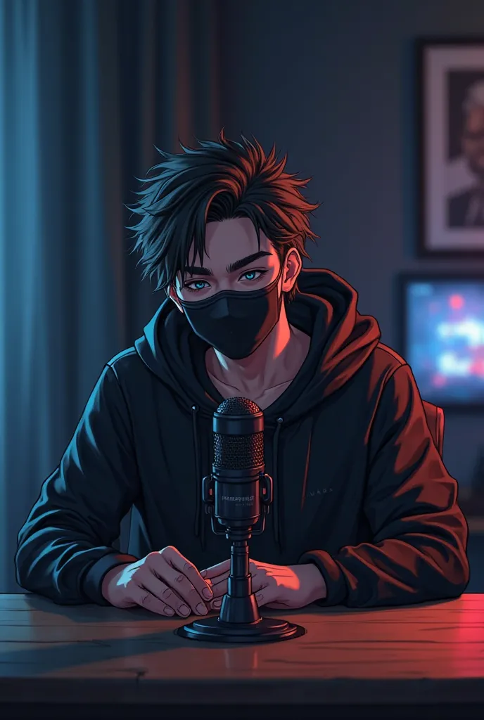 A highly detailed anime-style illustration of a young male character sitting at a wooden desk in a dimly lit modern studio. He is directly facing the camera with an intense and confident gaze. He is wearing a sleek black hoodie and a black COVID-19 mask, a...