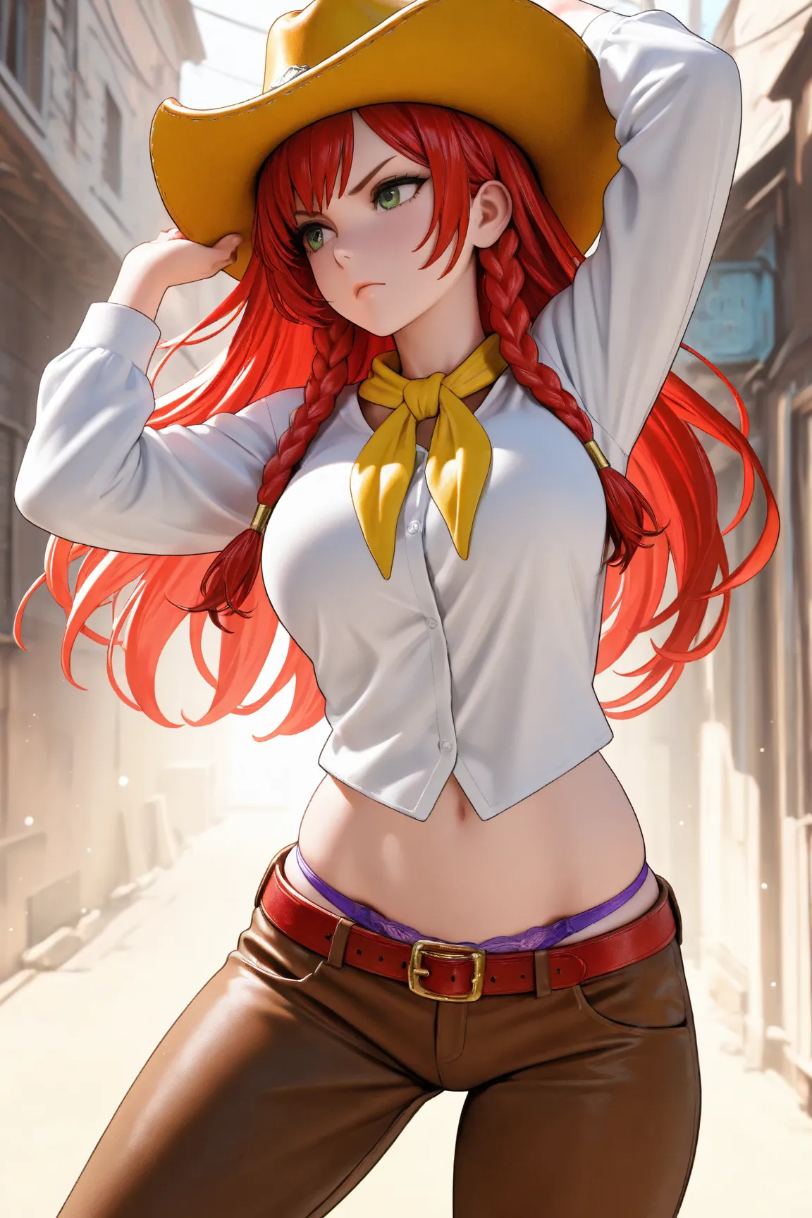 1 ,    Alone,    masterpiece,    dancing ,   ultra realistic, silky hair,   long red hair, side braids , cowboy woman, uma blusa de couro From cowboys branca, brown pants, red belt with gold buckle, L yellow cowboy hat, yellow neckerchief, From cowboy, Goi...