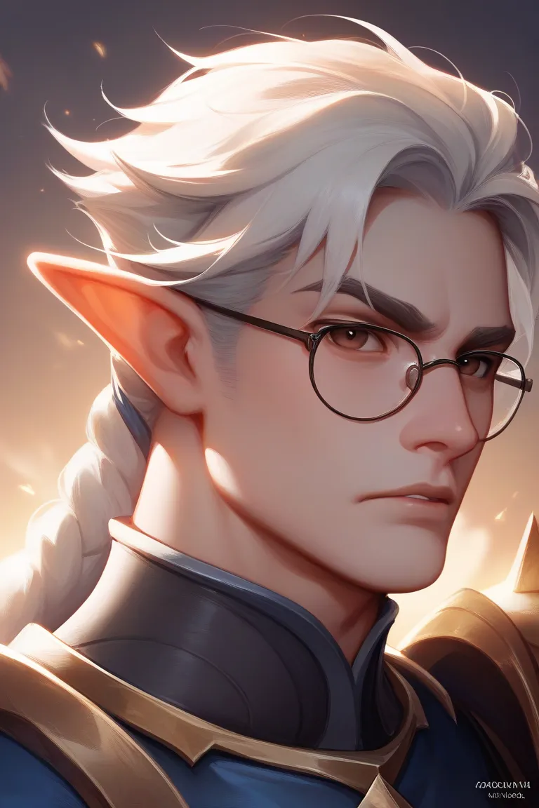 portrait, Solo, adult Male, Elf, grey skin, dull brown eyes, straight white hair, wearing eye glasses, intimidating expression, wearing paladin armor with a sun symbol on it