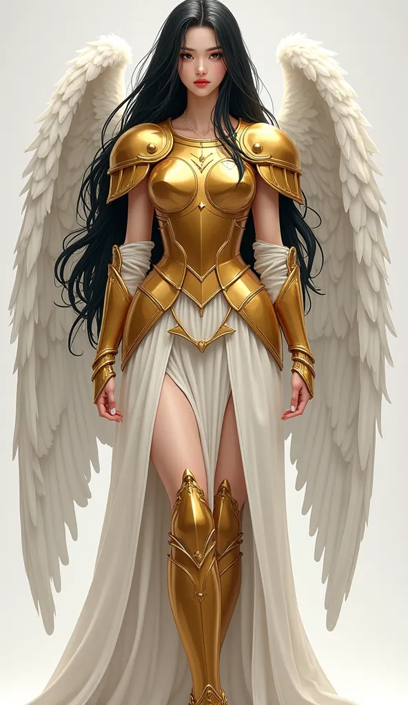 Realistic female angel black hair with simple gold armor. She standing with both legs. Illustration. Accurate. Detail. Best Quality. HD.