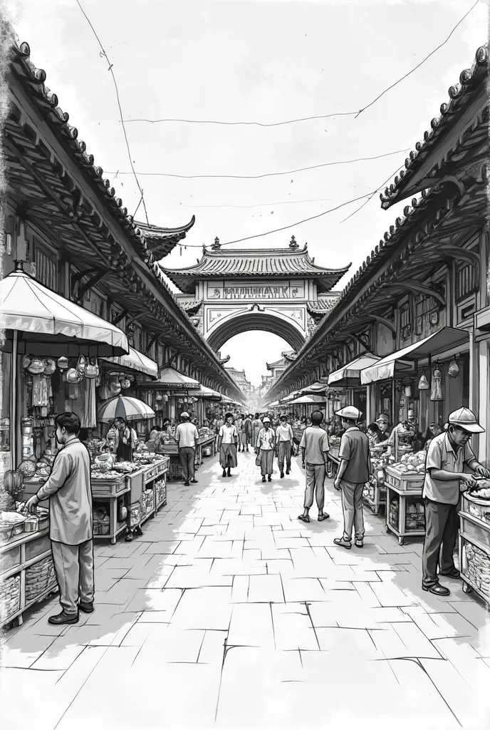 create a black and white sketch that is easy to draw on the Ben Thanh market