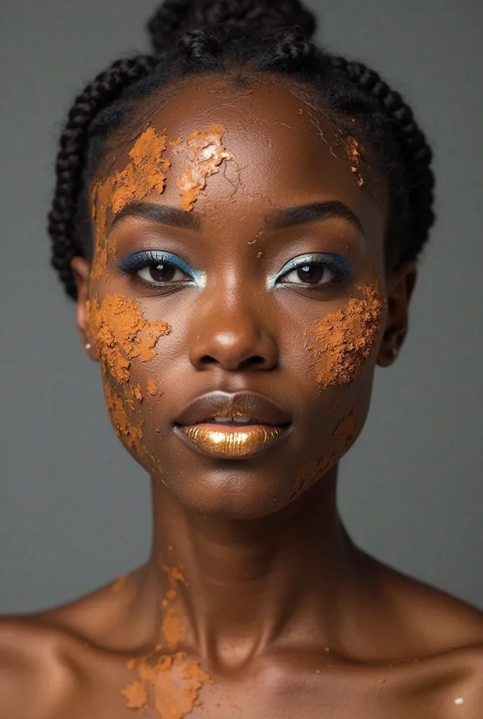 Studio portrait of a Black woman with a honey-toned complexion, your face covered in fine cracks of dry clay. The clay dust crumbles slowly, creating a disintegrating skin effect. Your eyes are surrounded by a shimmering blue eyeliner, your lips are a meta...