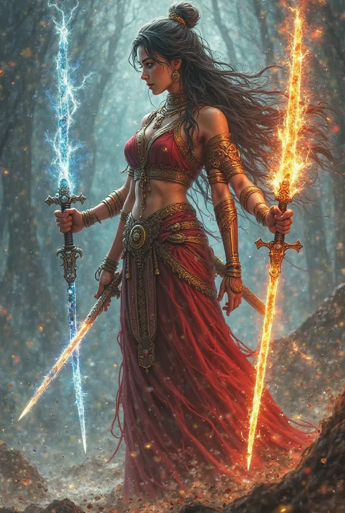 I'll try again. You want an image of a girl with:

- 5 hands attached to her body, similar to Bhadrakali
- Each hand had a different elemental sword (Lightning, Fire, Water, Wind, Wood)
- The girl is a swordswoman with 5 sword