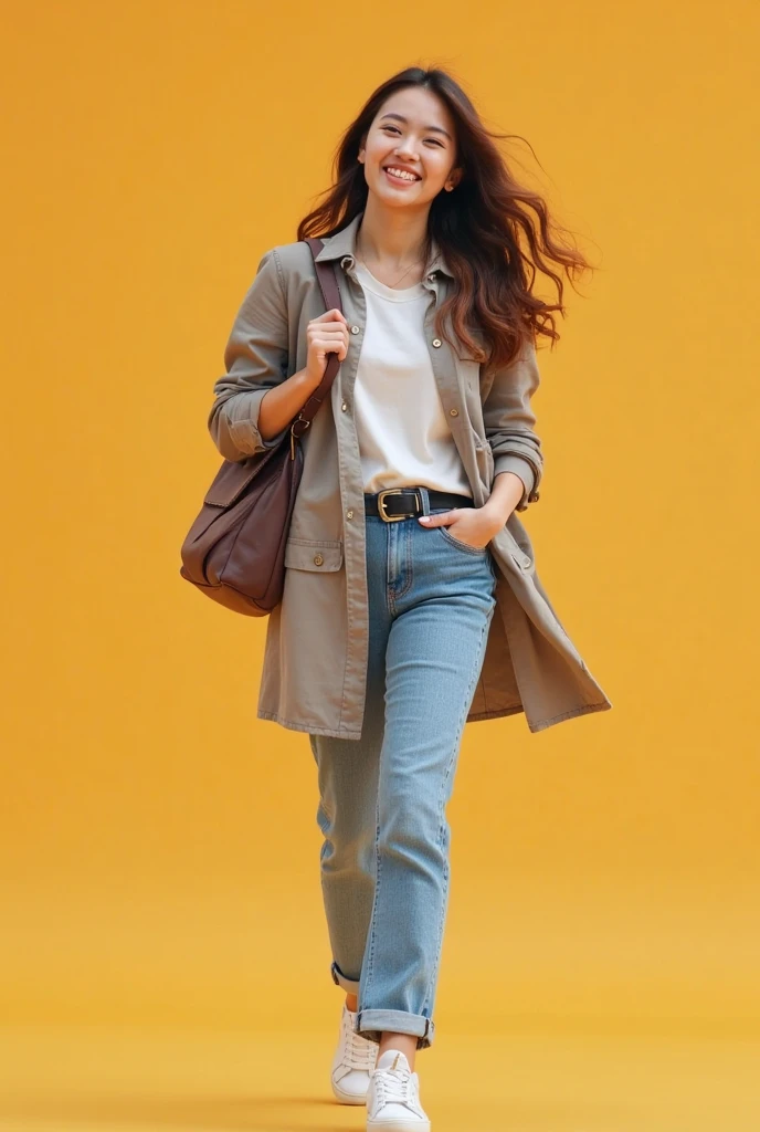 Create a high-resolution, 4K realistic image of a young college girl walking against a solid color background.She should be wearing a casual outfit that includes a stylish shirt, comfortable pants, and a fashionable bag.Her expression should convey happine...