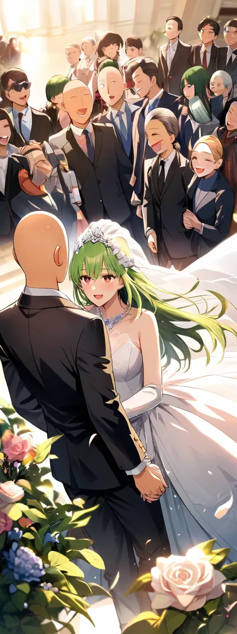 Saitama and Fubuki of One Punch Man together in wedding attire, looking happy and joyful. Saitama is wearing a simple and elegant black suit and poker face without hair, while Fubuki is in a classic white wedding dress with delicate details and your green ...