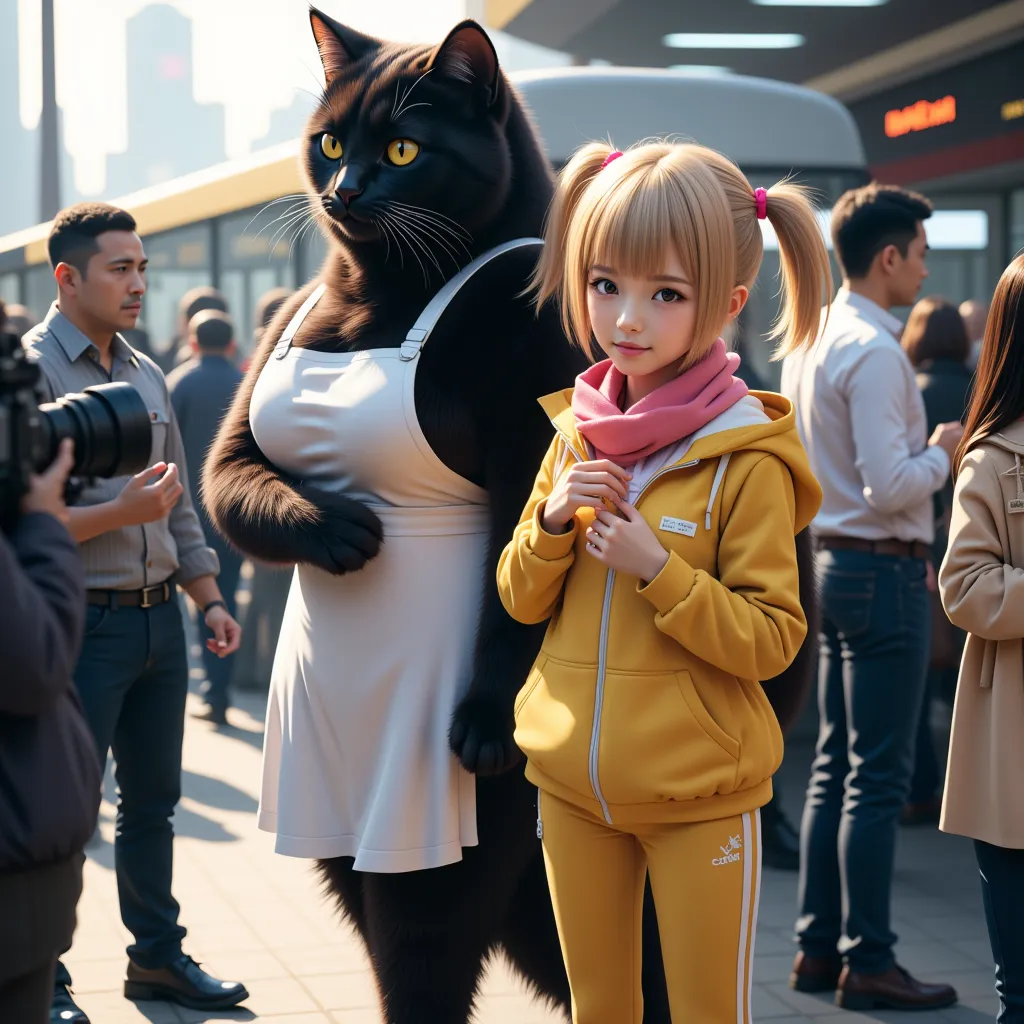 score_9,score_8_up,score_7_up,score_6_up,score_5_up,score_4_up,source_real photo,Ultra-realistic,Photorealistic,Ultra-realistic,Photorealistic,Dramatic scene, Global illumination, A huge black cat and a girl about are standing side by side at a bus termina...