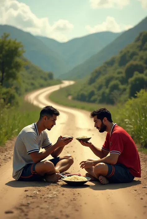 Ronaldo and messi eating rice in road