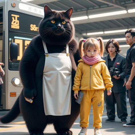 score_9,score_8_up,score_7_up,score_6_up,score_5_up,score_4_up,source_real photo,Ultra-realistic,Photorealistic,Ultra-realistic,Photorealistic,Dramatic scene, Global illumination, A huge black cat and a girl about are standing side by side at a bus termina...