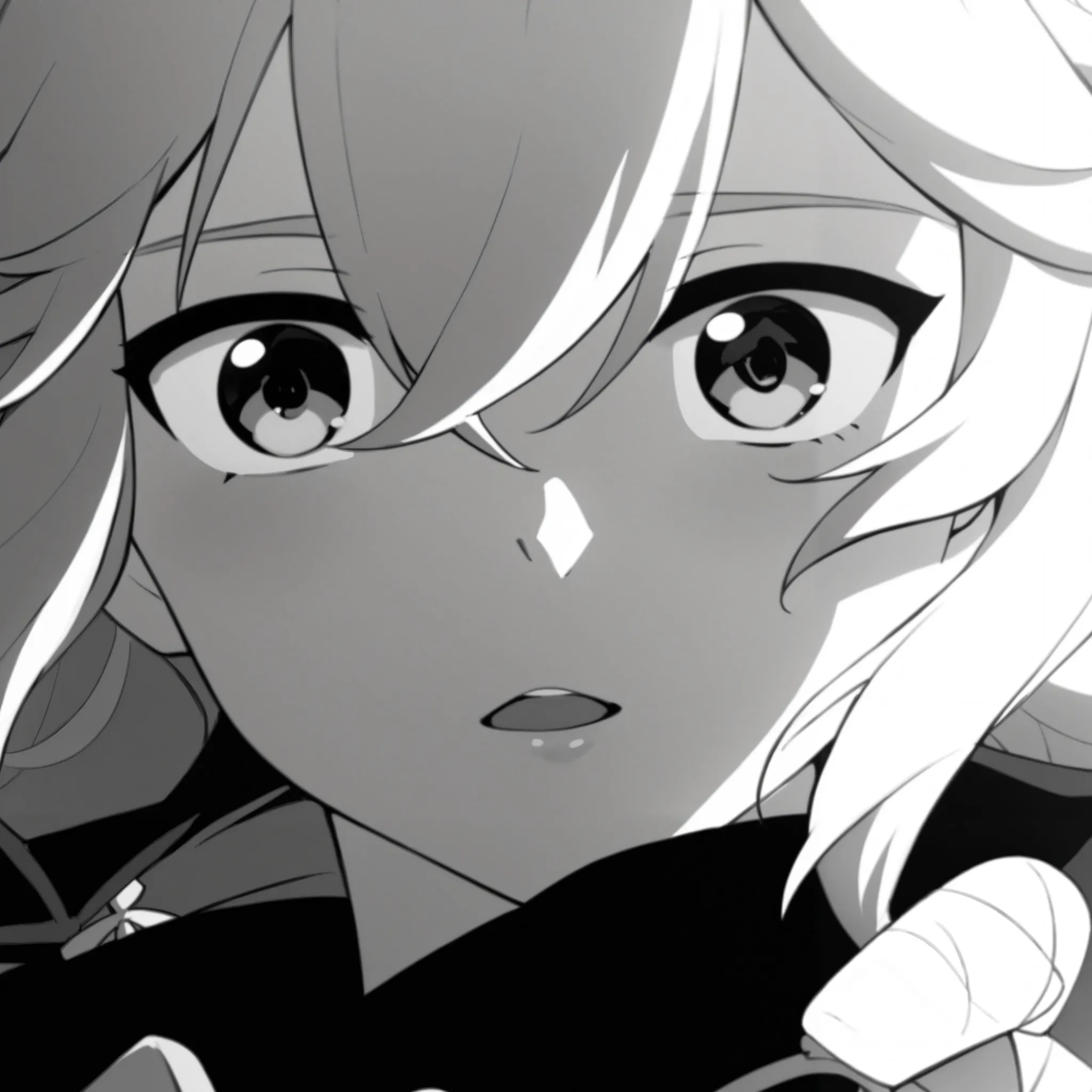 a close up of a person with long hair and a black and white photo, Genshin impact HOMEM, black anime pupils in your eyes , black and white manga style,  black and white manga panel , close up of a young anime boy, Ayaka Game Genshin Impact, ryuko matoi, bl...