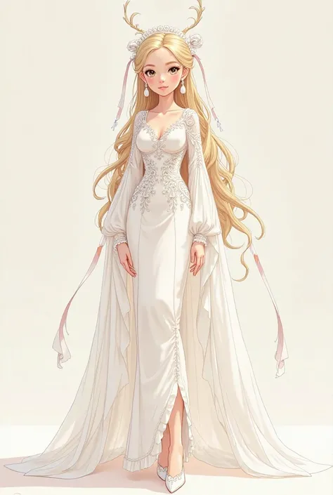 Create tall 2d cartoon girl with white long detailed dress and long white sleeves and white heels and white earrings and ribbon all over her head and blonde hair with white cape and asian eyes dont make her anime 