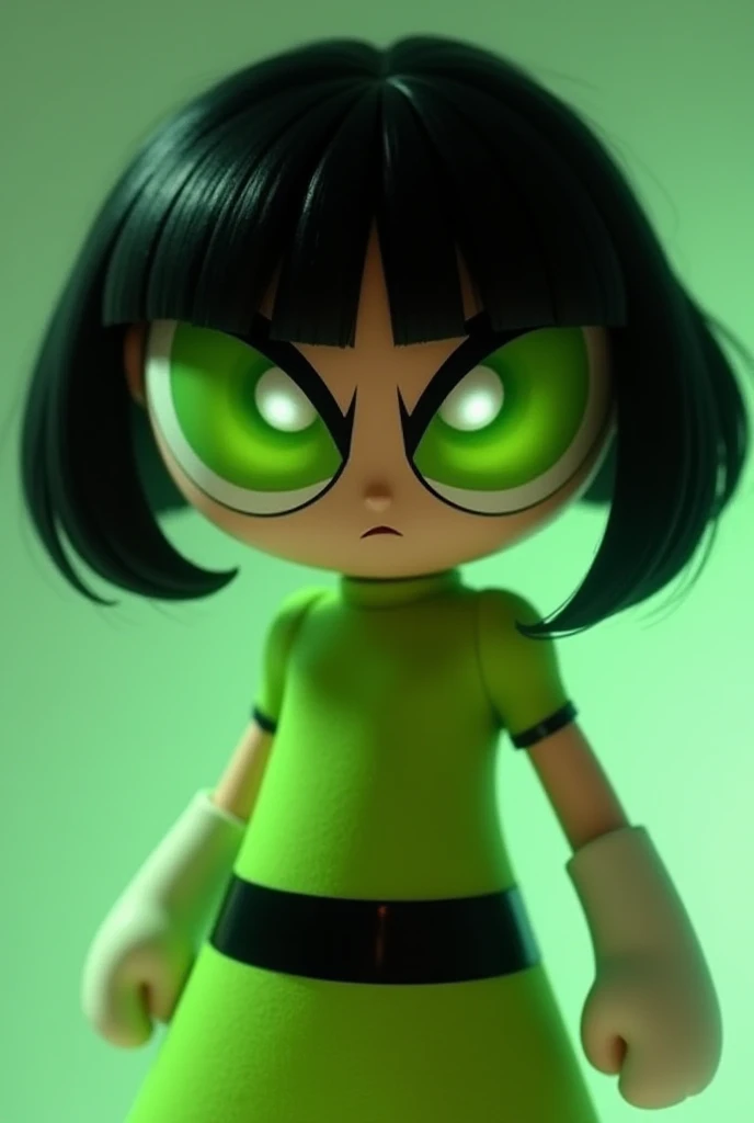 Powerpuff Girl with black bobcut, lime green eyes and lime green dress 