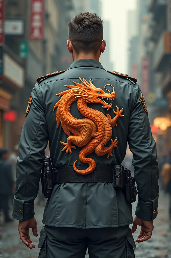 A man wearing a grey security suit with an orange dragon on his back