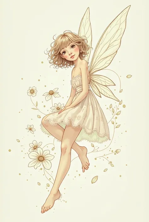 Realistic Simple outline drawing of a fairy with short curly hair and bangs